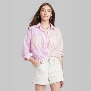 Wild Fable Pink and Orange Striped Women's Button Down Top